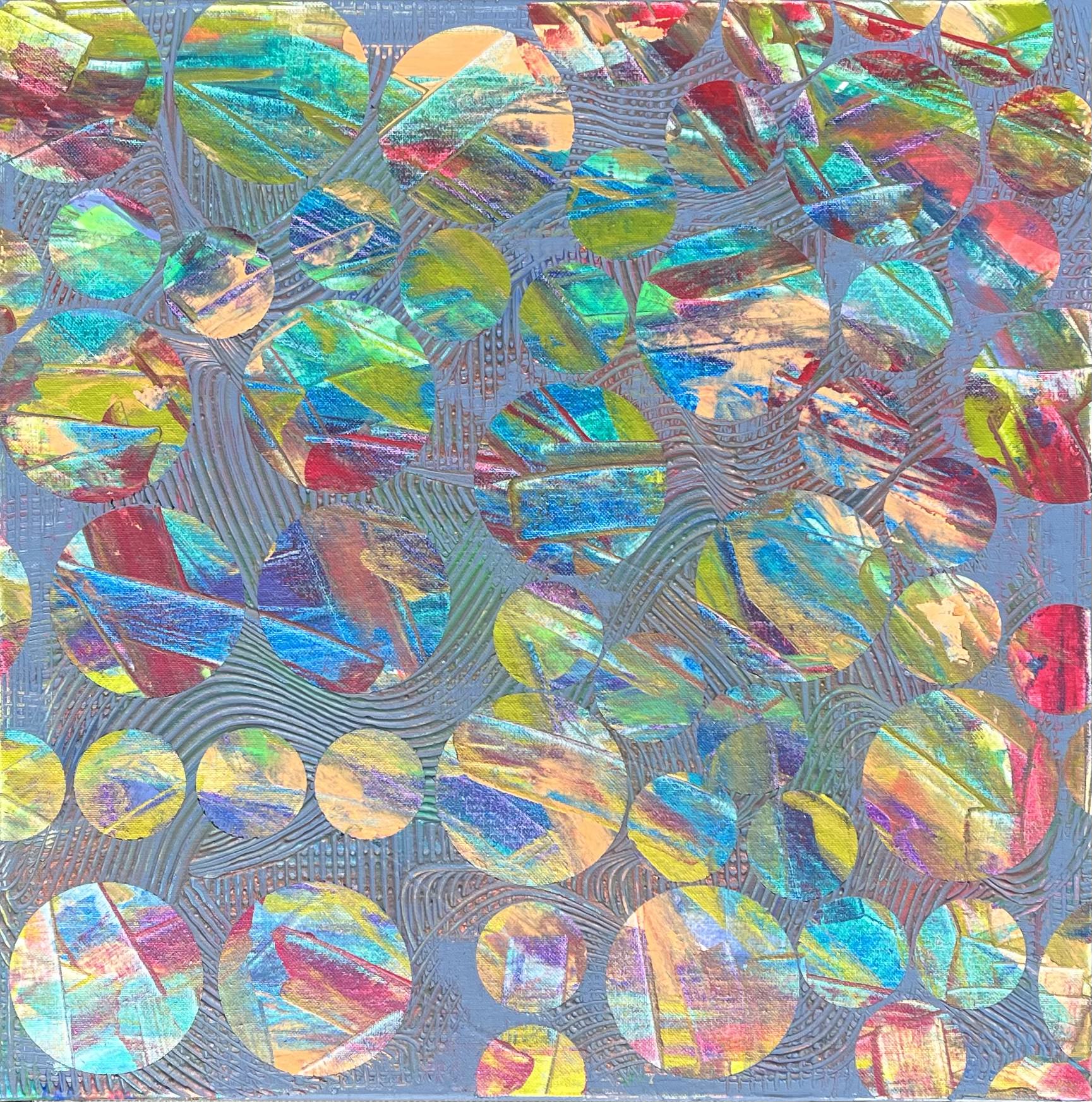 Metallic and fluorescent acrylics painting with colorful circles, under standard light